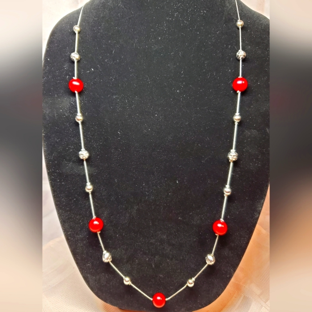 Long red & silver necklace and earrings set NWT